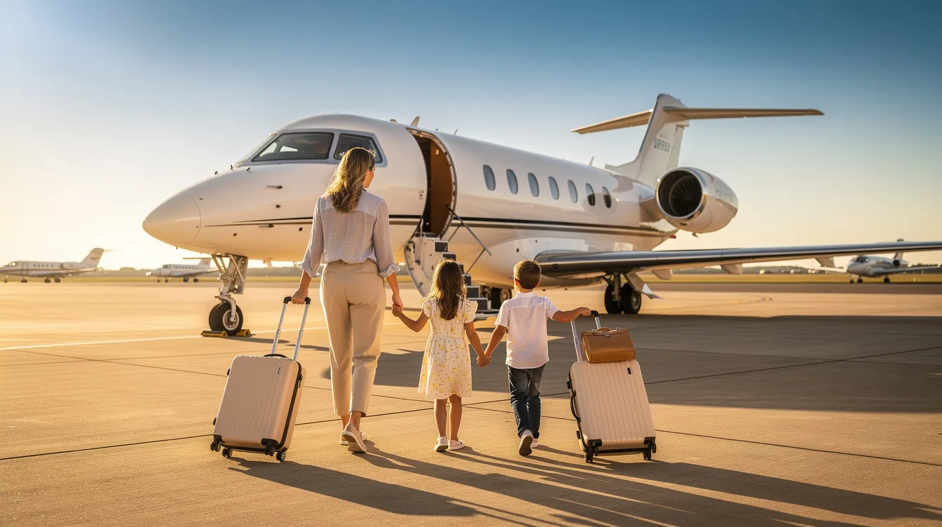 A family with children is walking towards a private jet on a sunny tarmac, ready to embark on their private flight. The scene captures the excitement of private aviation travel, highlighting the convenience and luxury of flying private.