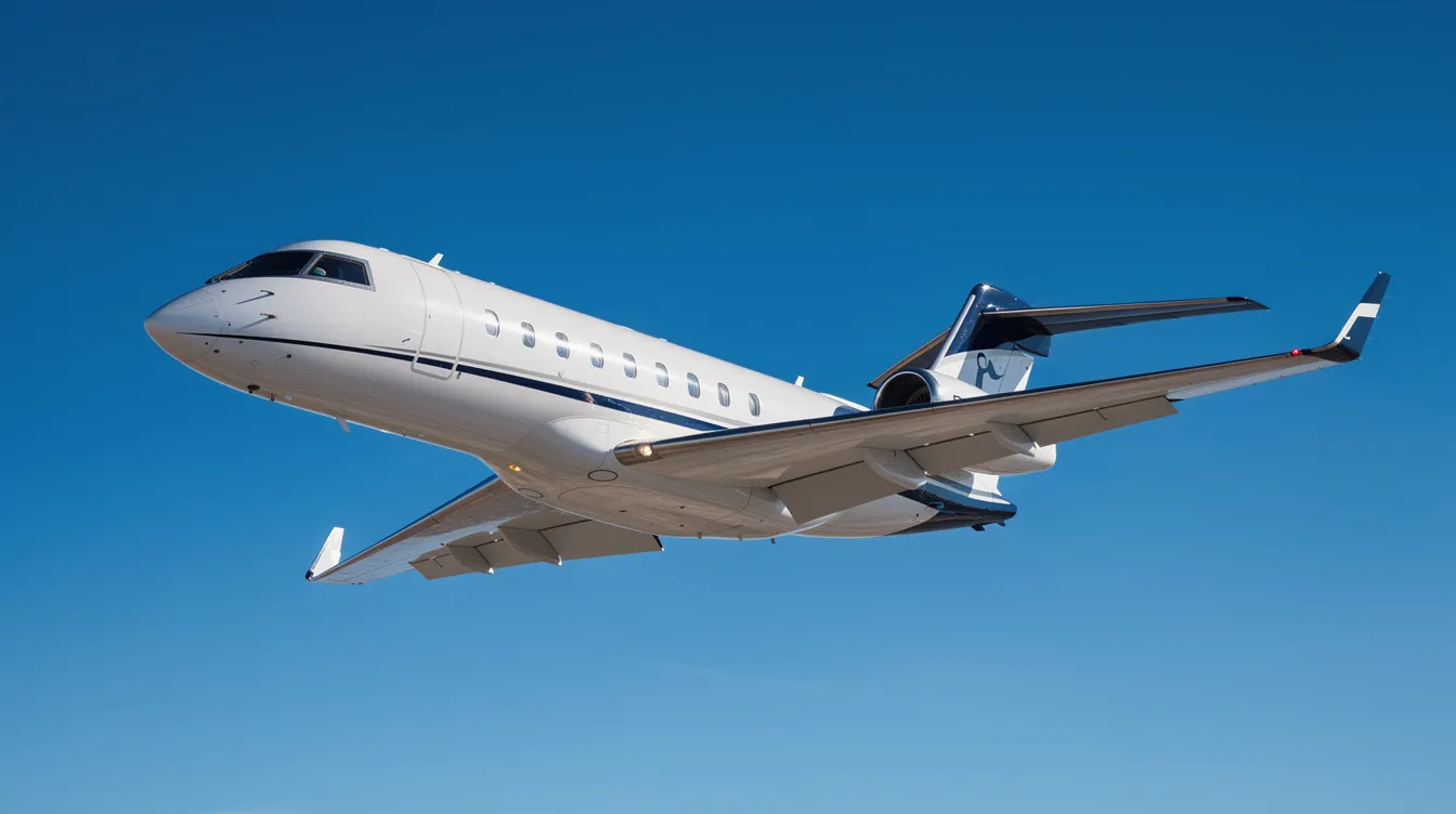 A sleek midsize business jet is soaring through a clear blue sky, showcasing the luxury of private aviation. This private jet exemplifies the freedom and efficiency of private flights, offering travelers a comfortable and stylish way to fly.