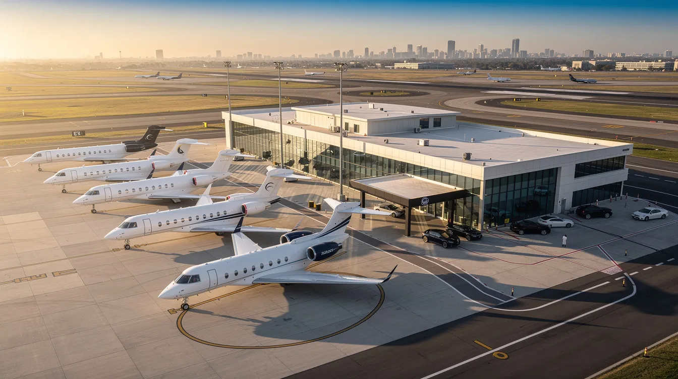 An aerial view of a private aviation terminal at Van Nuys Airport in Los Angeles showcases several business jets parked on the ramp, highlighting the luxury and convenience of private jet charters for discerning travelers. This bustling hub caters to corporate aircraft and private flight needs, making it a preferred choice for trips to popular destinations like Las Vegas and downtown Los Angeles.