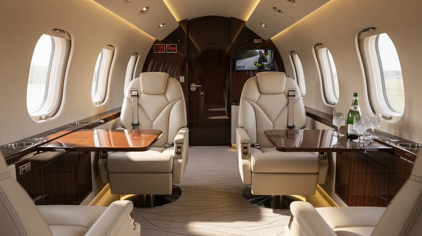 The image depicts the interior of a luxury private jet cabin, showcasing plush leather seats and elegant wood finishes, designed for comfort and style. This opulent space exemplifies the high standards of private aviation, perfect for business travelers flying from Los Angeles to various private jet destinations.