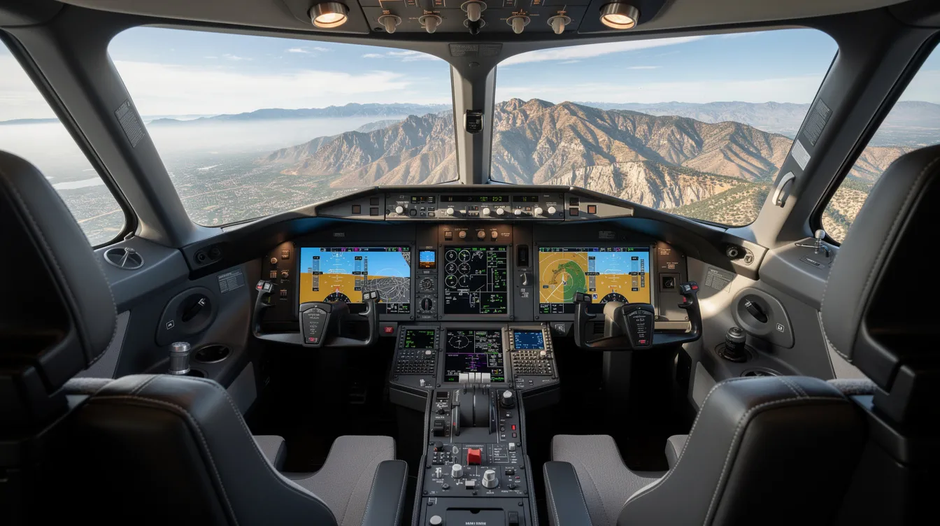 The image depicts a modern private jet cockpit featuring advanced digital displays, with the breathtaking California mountains visible through the large windscreen, highlighting the luxurious experience of private flight. This setting emphasizes the personalized service and amenities that private aircraft offer to travelers seeking efficient and safe journeys.