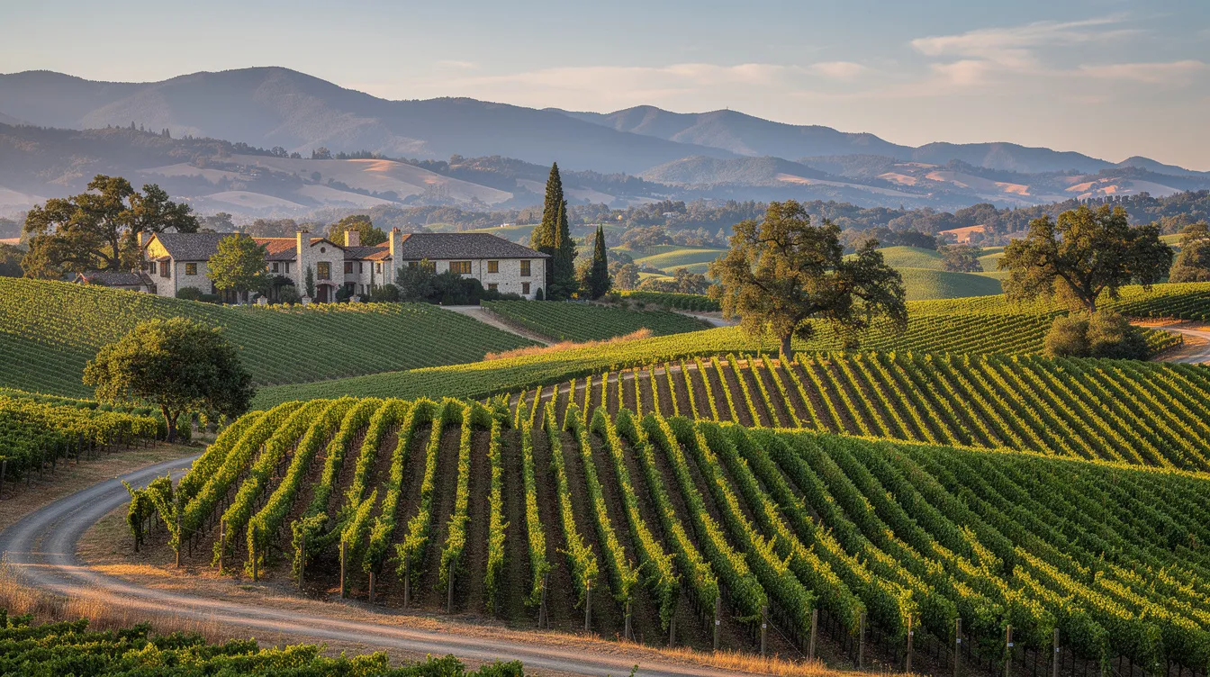 The image depicts rolling green vineyards in Napa Valley, with lush rows of grapevines stretching across the landscape, set against a backdrop of distant mountains. This serene scene captures the essence of California's wine country, a popular destination for private travel and personalized service.
