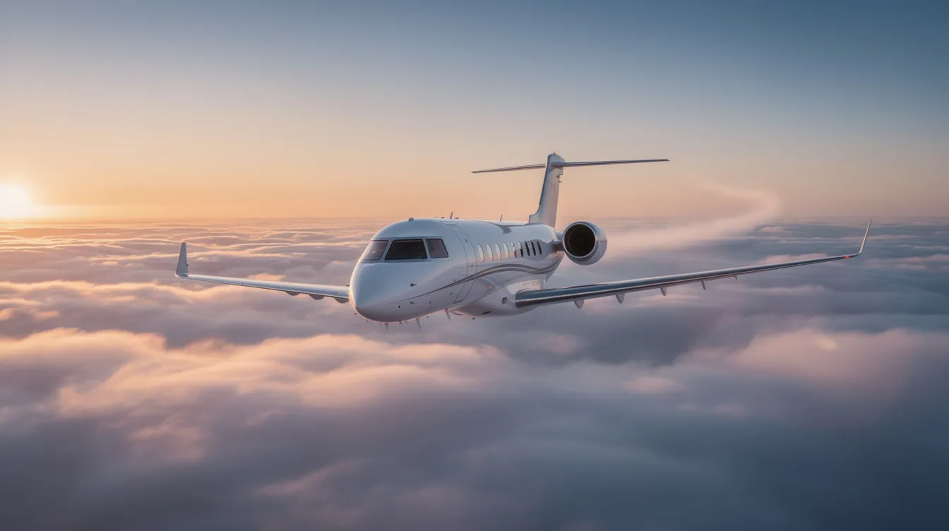 A private jet soars high above the clouds, showcasing its sleek design against a backdrop of fluffy white clouds. This luxurious aircraft is part of the private jet charter services that offer personalized travel experiences to destinations like Hong Kong International Airport.