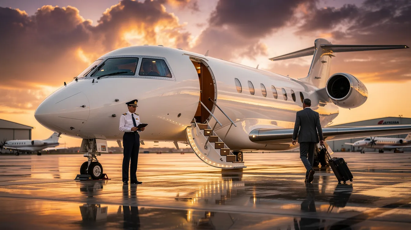 An elegant private jet is parked at Hong Kong International Airport, ready for travelers seeking luxury and convenience. The backdrop features the bustling cityscape of Hong Kong, with iconic landmarks like Victoria Harbour and the towering skyscrapers that define Asia's world city.