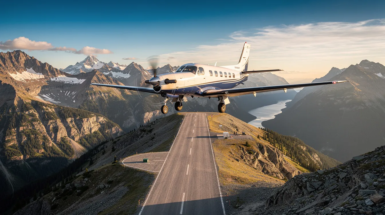 A private turboprop aircraft is landing on a mountain airstrip, surrounded by stunning scenic terrain, showcasing the beauty of private aviation. This image highlights the convenience of private jet travel in remote locations, ideal for chartering a private jet for an adventurous getaway.