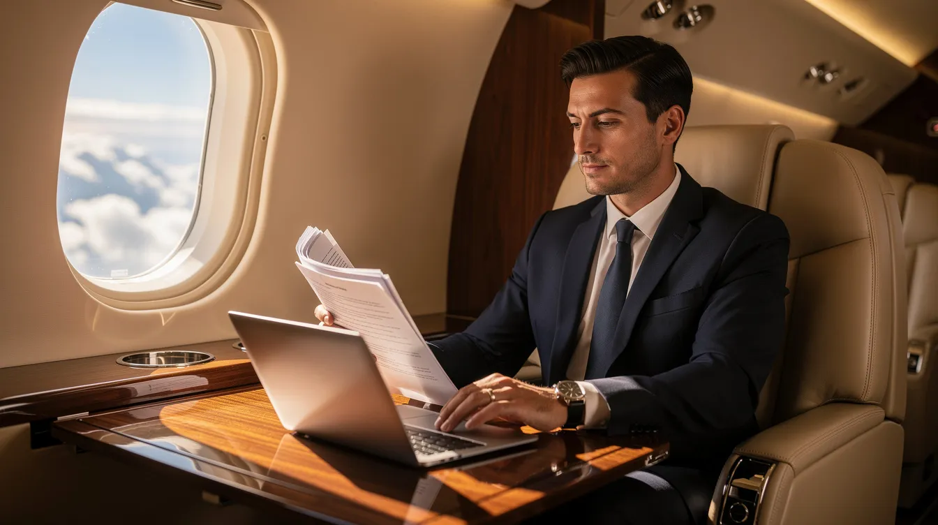 A business executive is seated in a luxurious private jet, reviewing documents with a laptop open on a sleek table. The interior features plush seating and elegant decor, emphasizing the comfort and efficiency of private jet travel for important meetings and decisions.