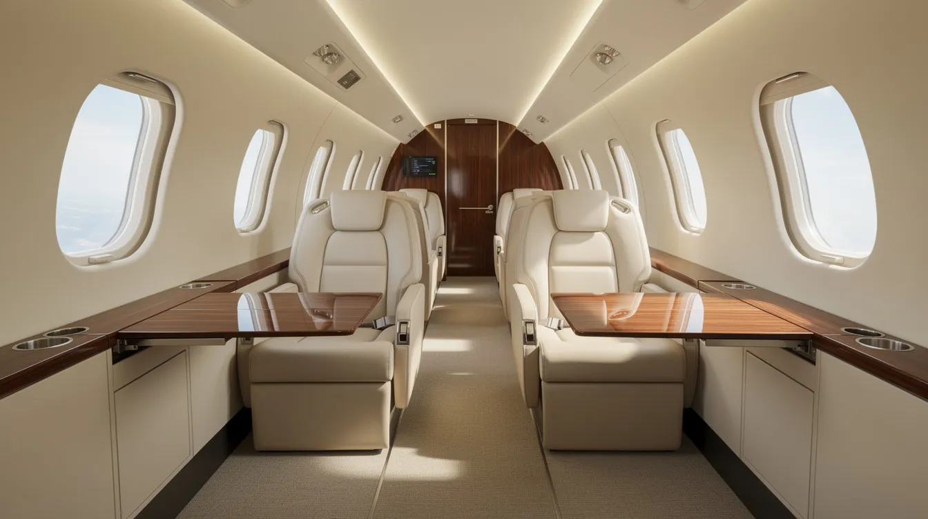 The image showcases the interior of a modern private jet cabin, featuring luxurious cream leather seats and elegant wood grain tables, designed to provide comfort and style for passengers during their journey. The sophisticated atmosphere reflects the high standards of air travel, ensuring a pleasant experience for those on board.