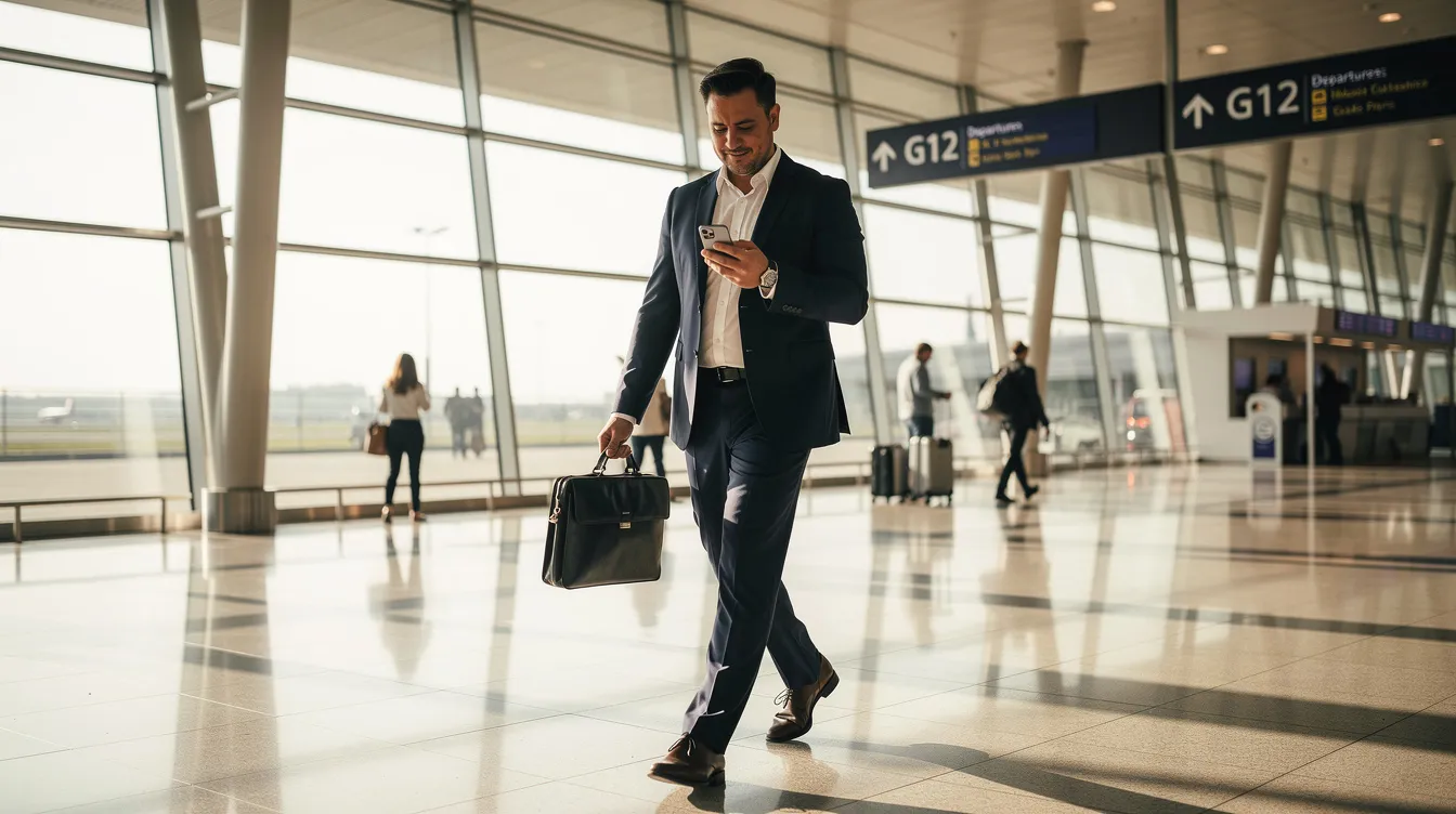 A business professional is walking through a modern airport terminal while checking their mobile phone, possibly reviewing their flight reservation or payment plan for an upcoming trip. The sleek architecture and flow of passengers around them create a dynamic atmosphere as they navigate towards their destination.