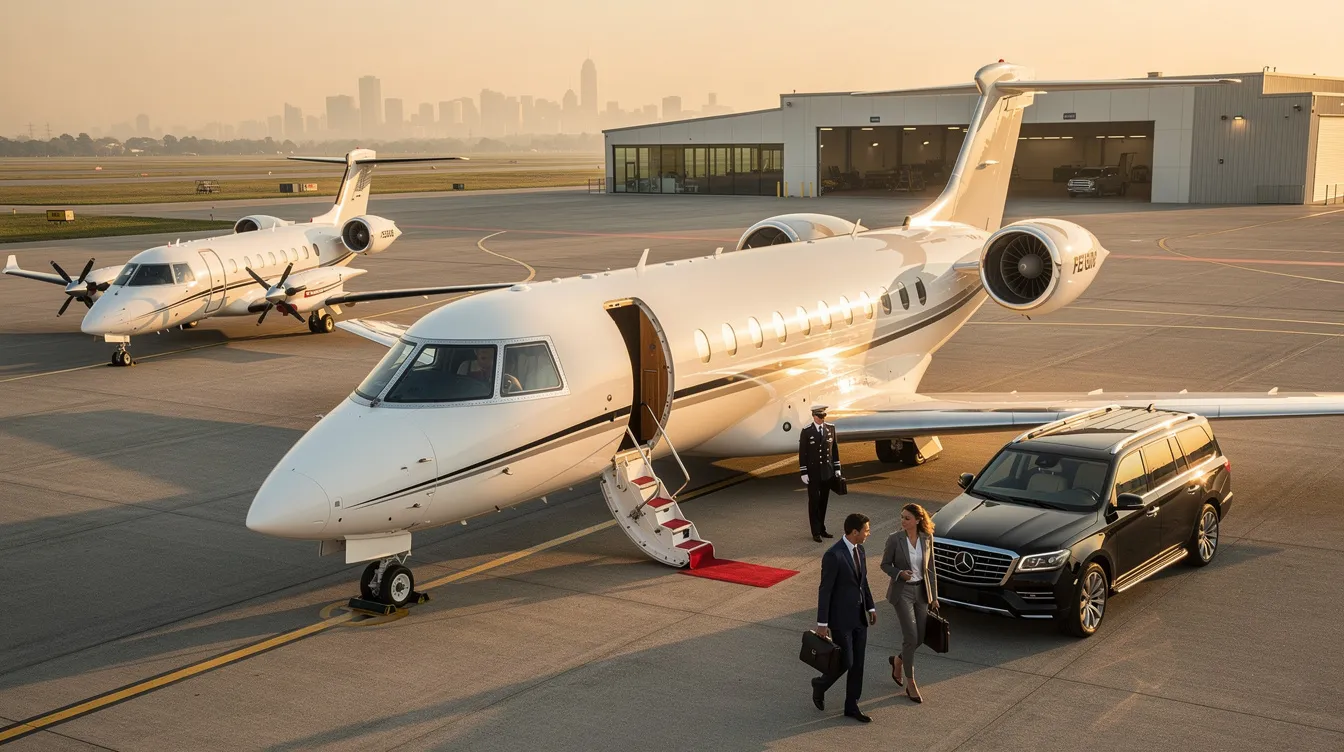 An image depicting a sleek private jet parked at a private terminal, showcasing the luxury and convenience of private aviation. The scene highlights the ease of chartering a private jet, with a focus on the private jet charter cost and the benefits of flying on your own schedule.