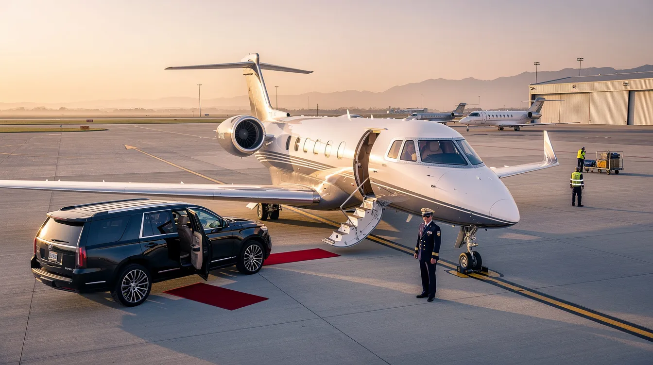 An image depicting a sleek private jet parked at a private terminal, showcasing the luxury and convenience of private aviation. The scene highlights the ease of chartering a private jet, with a focus on the private jet charter cost and the benefits of flying on your own schedule.