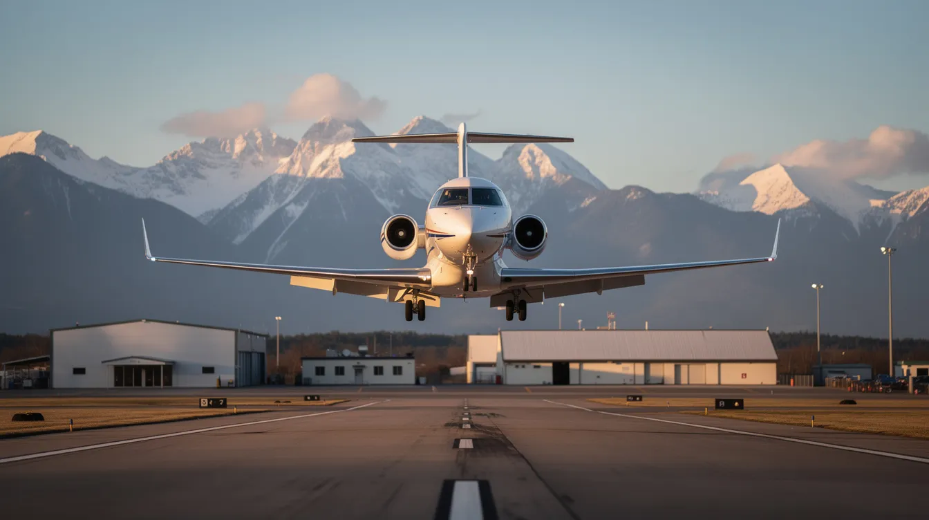 A small business jet is landing at a regional airport, with majestic mountains in the background, showcasing the aircraft's sleek design typical of private jets. This scene highlights the aviation industry's focus on fuel efficiency and passenger comfort, as smaller aircraft like this are often preferred for short regional flights.