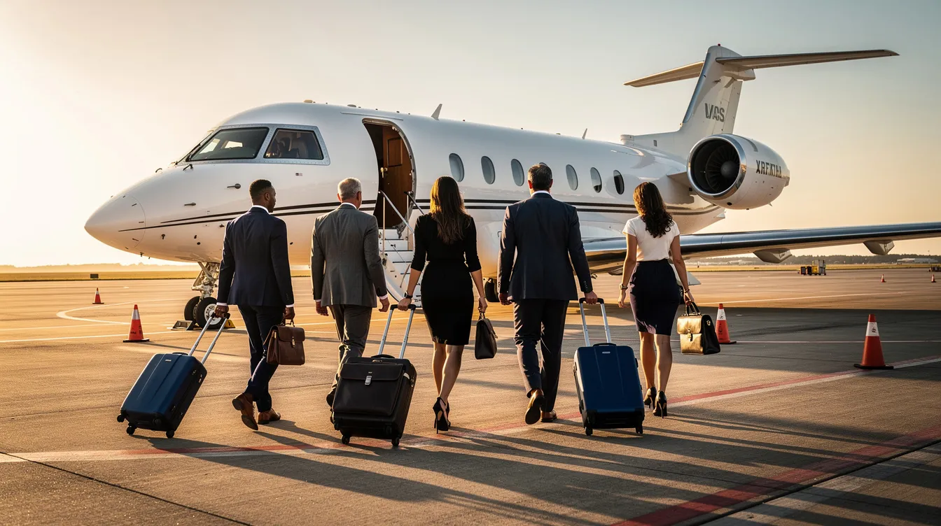 A group of business professionals is walking towards a private jet on a tarmac, showcasing the aviation industry's focus on passenger comfort and efficient travel. The scene highlights the use of business jets, which often offer diverse passenger capacities and advanced amenities for a premium flying experience.