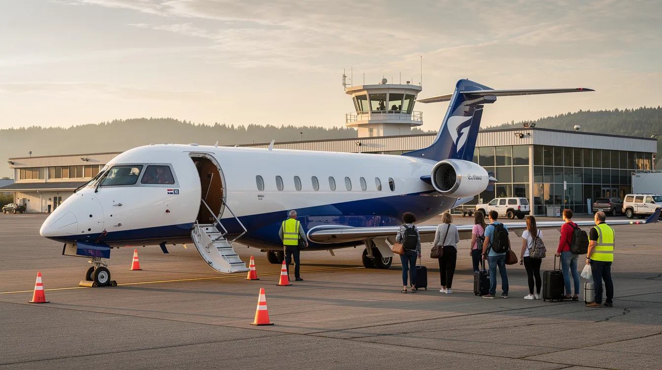 A regional jet, specifically a 50 seat aircraft, is parked at a small regional airport with passengers boarding for their flight. The scene captures the essence of regional airlines facilitating travel to remote communities, showcasing the operational efficiency of smaller jets.