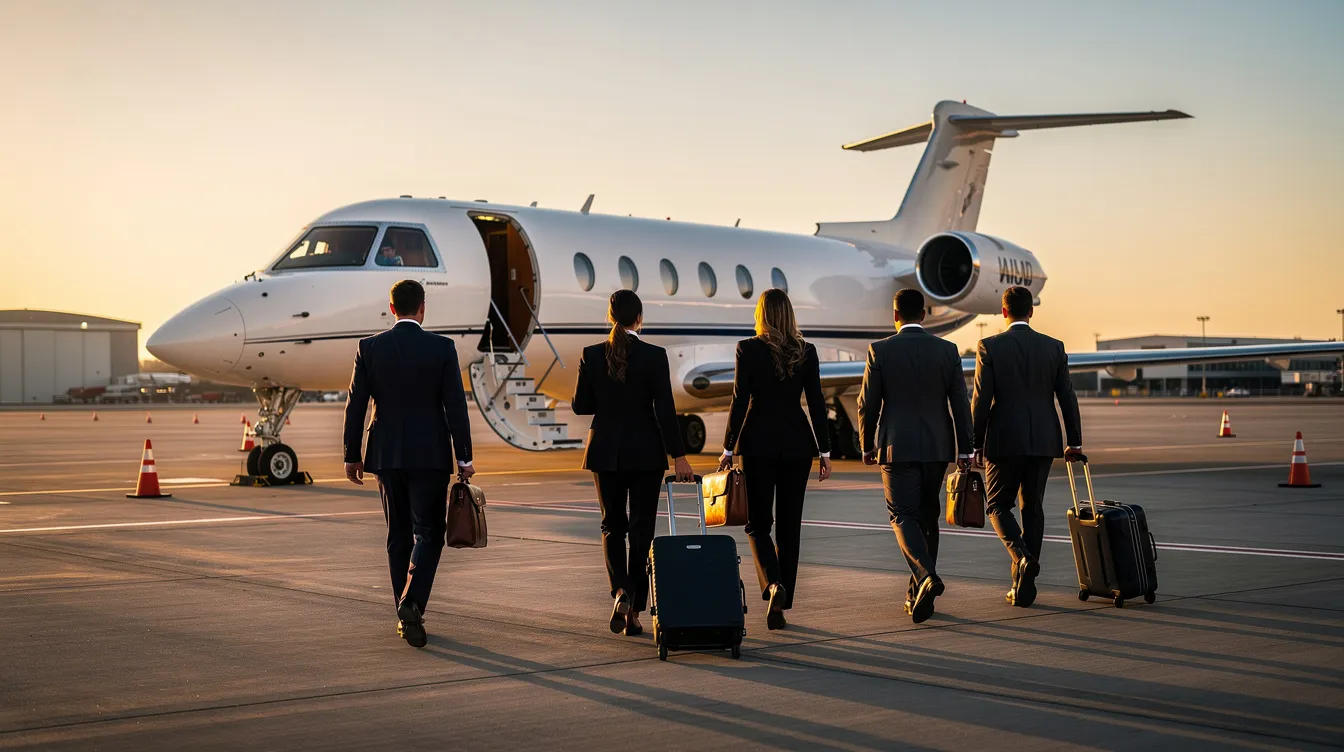 A group of business professionals in suits is walking toward a private jet on the tarmac, ready for their flight on a regional aircraft. The scene captures the essence of corporate travel, highlighting the importance of smaller jets for efficient group travel and shorter routes.