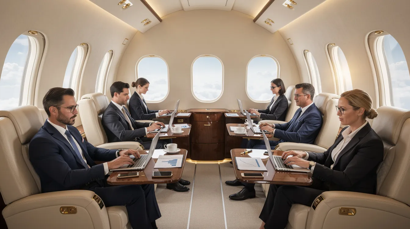 The image depicts business travelers inside a luxurious private jet cabin, focused on their laptops as they work. The spacious cabin offers an elegant atmosphere, showcasing the comfort and convenience of private jet travel, ideal for maximizing productivity during flights.