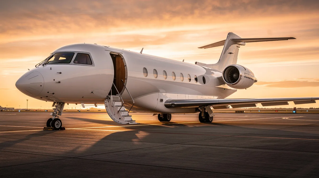 A sleek private jet sits on the tarmac at sunset, with its boarding stairs extended, ready for passengers to embark on a luxurious private flight. The warm glow of the setting sun highlights the aircraft's polished exterior, showcasing the elegance and convenience of private aviation.