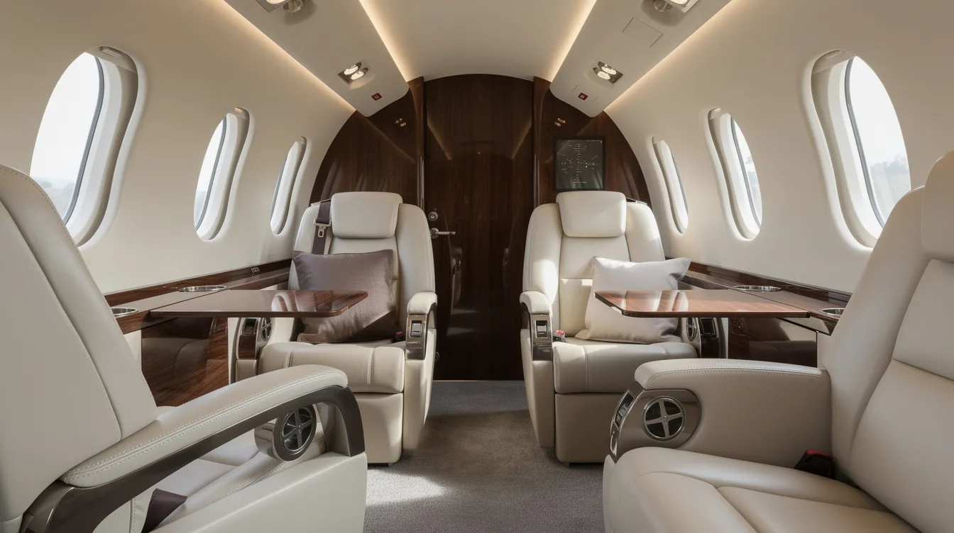 The interior of a Pilatus PC-12 NGX features luxurious executive leather seating complemented by elegant wood accents, creating a comfortable and stylish environment for passengers. This single engine aircraft is designed for maximum range and operational efficiency, making it an attractive option for personal travel.
