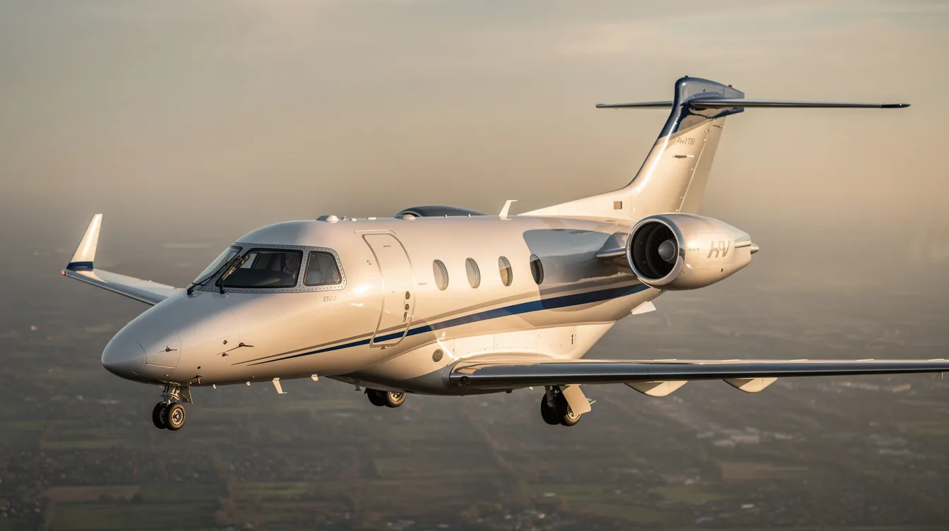 The image depicts a HondaJet Elite II in flight, showcasing its distinctive over-wing engine placement, which contributes to its efficient performance and fuel efficiency. This light aircraft is recognized as one of the best-selling personal aircraft, ideal for frequent flyers and family travel.