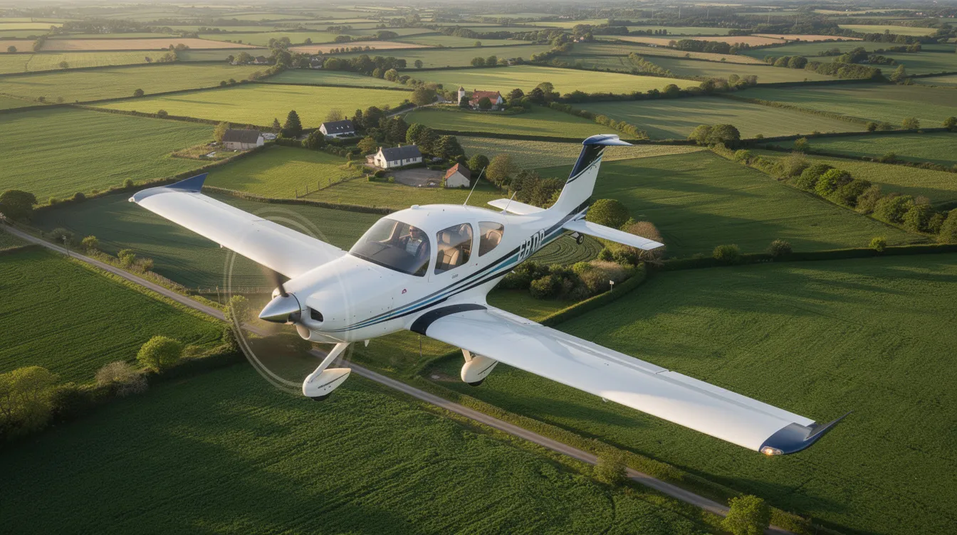 A Diamond DA40 light sport aircraft is soaring gracefully over a lush green countryside, showcasing its sleek design and efficient performance. This single-engine aircraft is known for its advanced safety features and is a popular choice for personal and training flights.