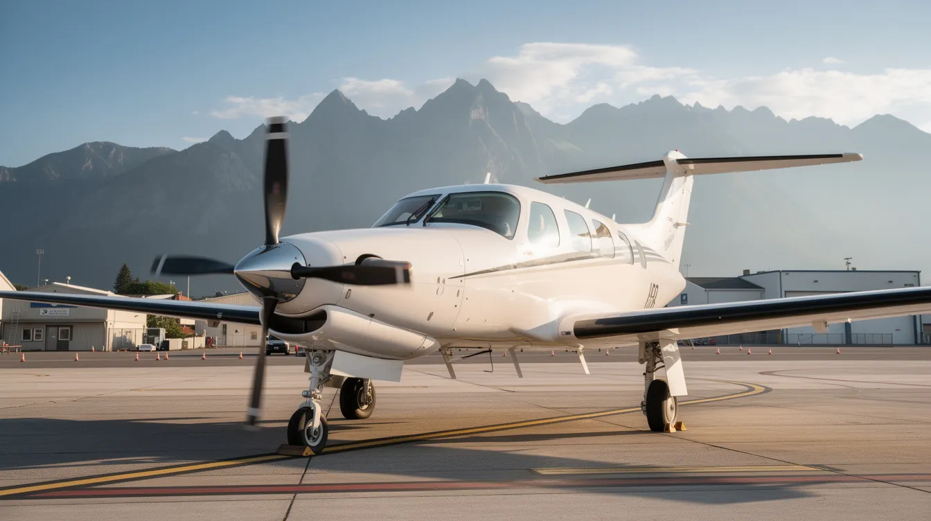 A sleek single-engine turboprop aircraft, classified as a light sport aircraft, is parked on a regional airport tarmac with majestic mountains in the background, showcasing its efficient performance and modern design. This popular personal aircraft is an attractive option for pilots seeking a fuel-efficient and cost-effective flying experience.