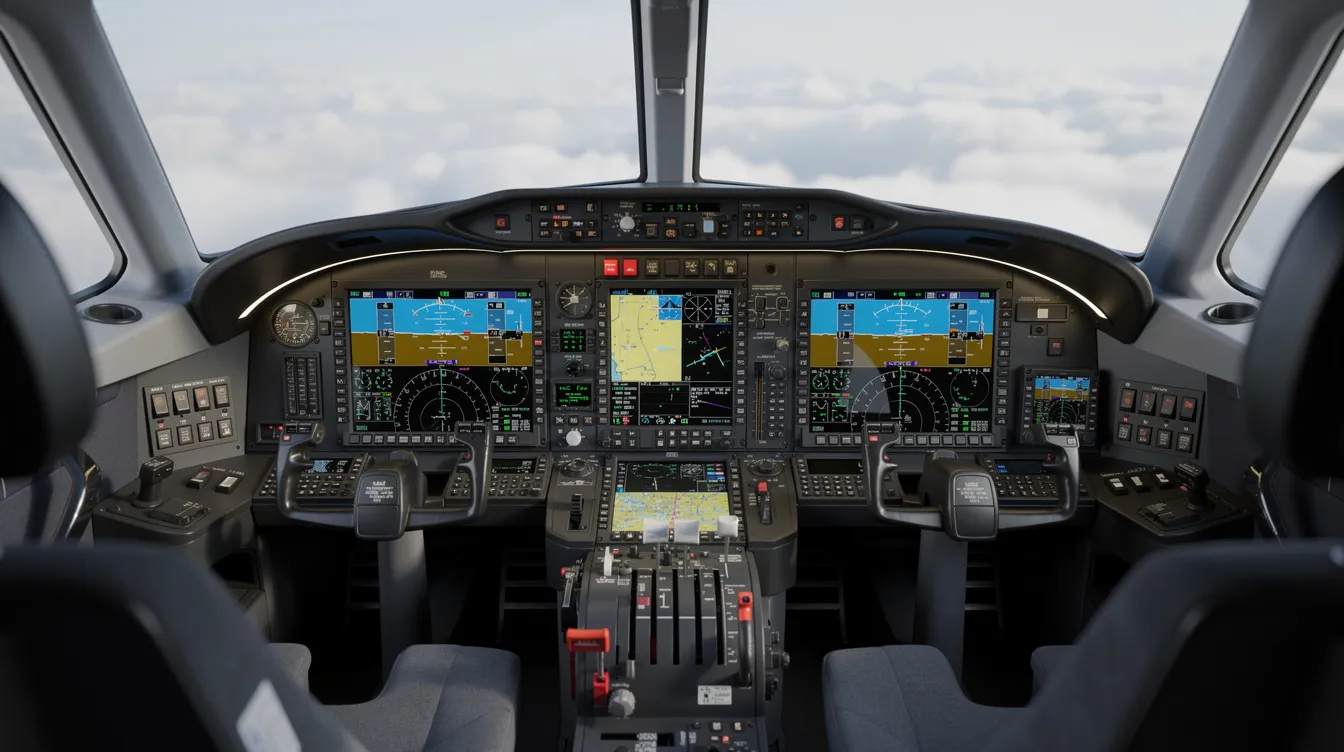 The image depicts a modern glass cockpit of a turboprop aircraft, showcasing advanced avionics displays that enhance the flying experience for private jet travel. The high-tech instruments reflect the operational efficiency and lower operating costs associated with turboprop charter flights.