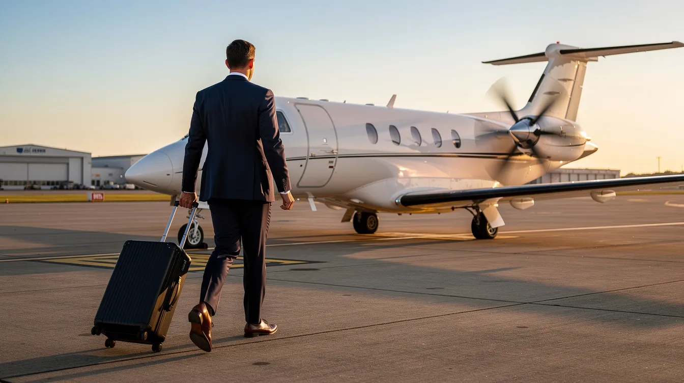 A business executive is walking confidently toward a private turboprop aircraft on an airport tarmac, ready for a charter flight. The image captures the essence of private aviation, highlighting the convenience and luxury of private jet travel.
