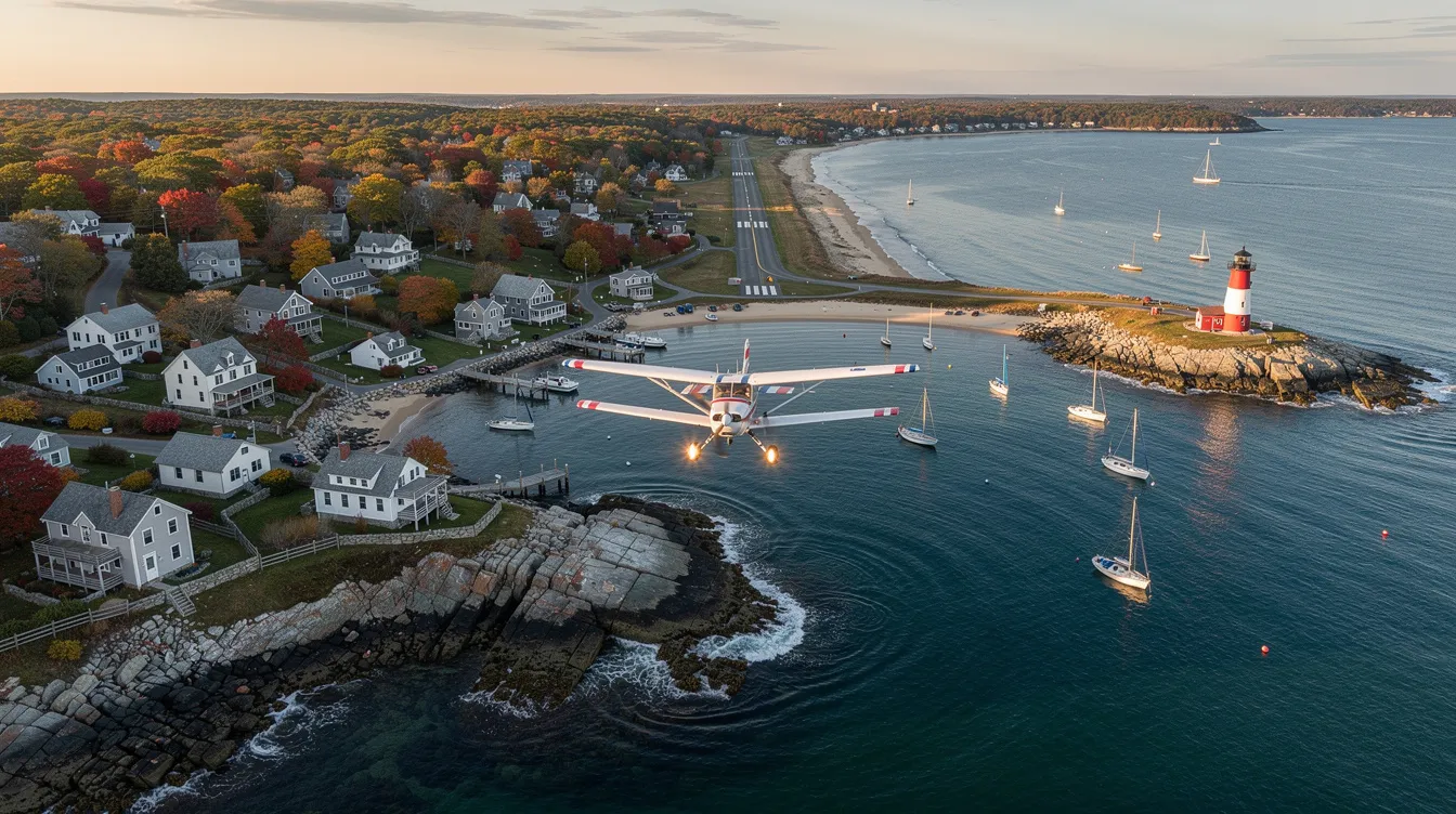 An aerial view captures a scenic coastal New England destination, with small turboprop aircraft approaching for landing. This image reflects the charm of private aviation, showcasing the accessibility of regional airports for charter flights and private jet rentals.