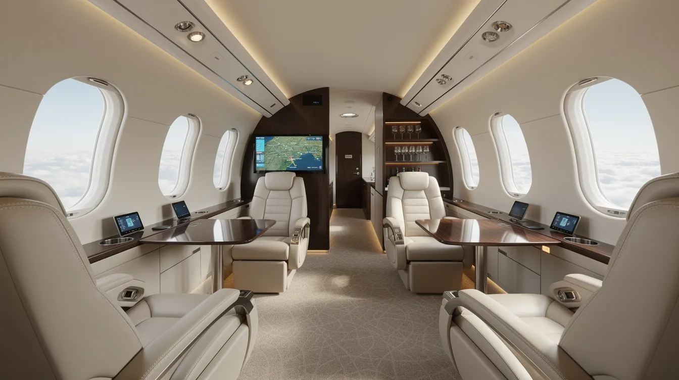 The image depicts the interior of a spacious business jet featuring luxurious leather seats and state-of-the-art amenities, designed for high performance and comfort. This aircraft is part of a market offering various models for sale, catering to customers seeking reliable jets with advanced avionics and equipment.