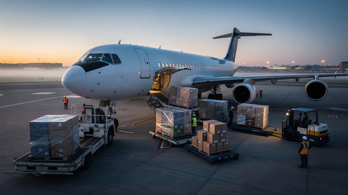 A large cargo aircraft is being loaded with pallets on the airport tarmac at dawn, showcasing its impressive size and operational capabilities. This scene highlights the commercial aircraft's reliability and performance as it prepares for a flight, potentially connecting South America and Asia.