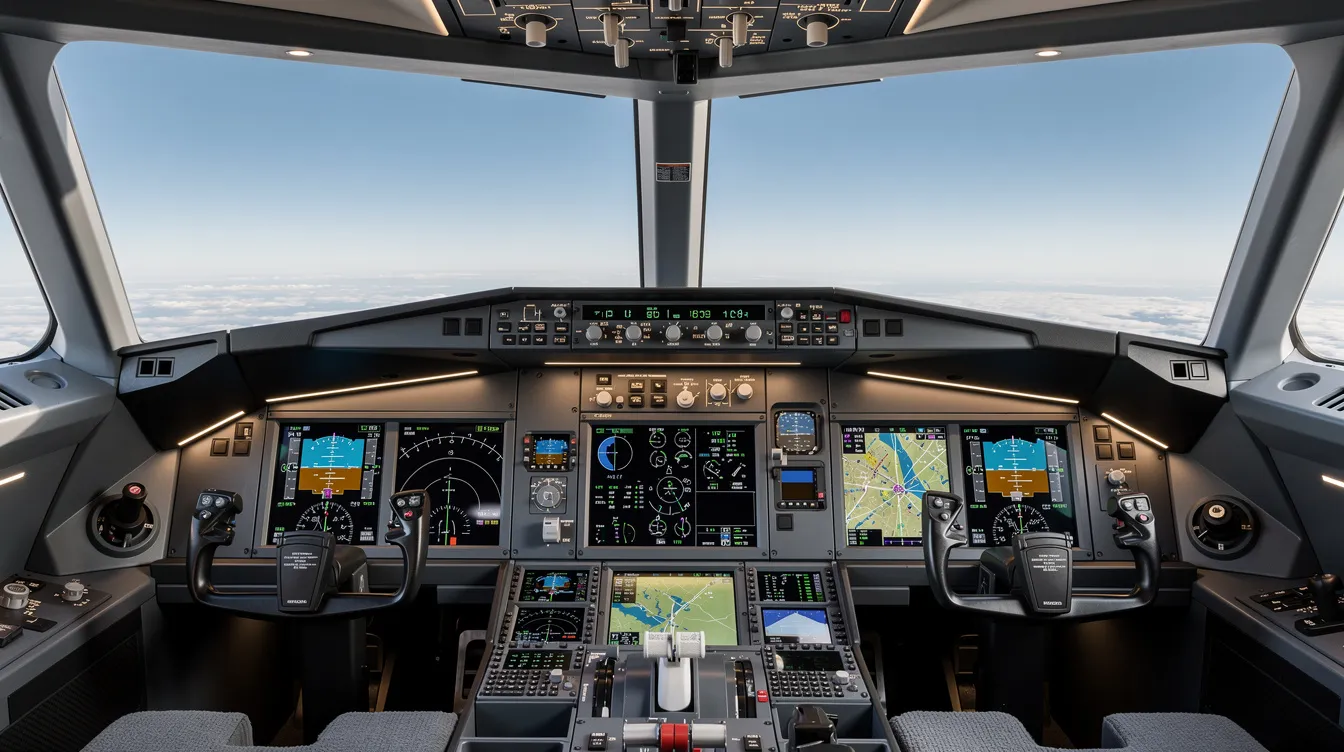 The image showcases a modern aircraft cockpit featuring advanced digital avionics displays and sleek glass panels, designed for high performance and reliability in commercial aviation. This cockpit represents the cutting-edge technology available in today's aircraft, making it an essential part of the inventory for customers seeking to operate jets and cargo planes.