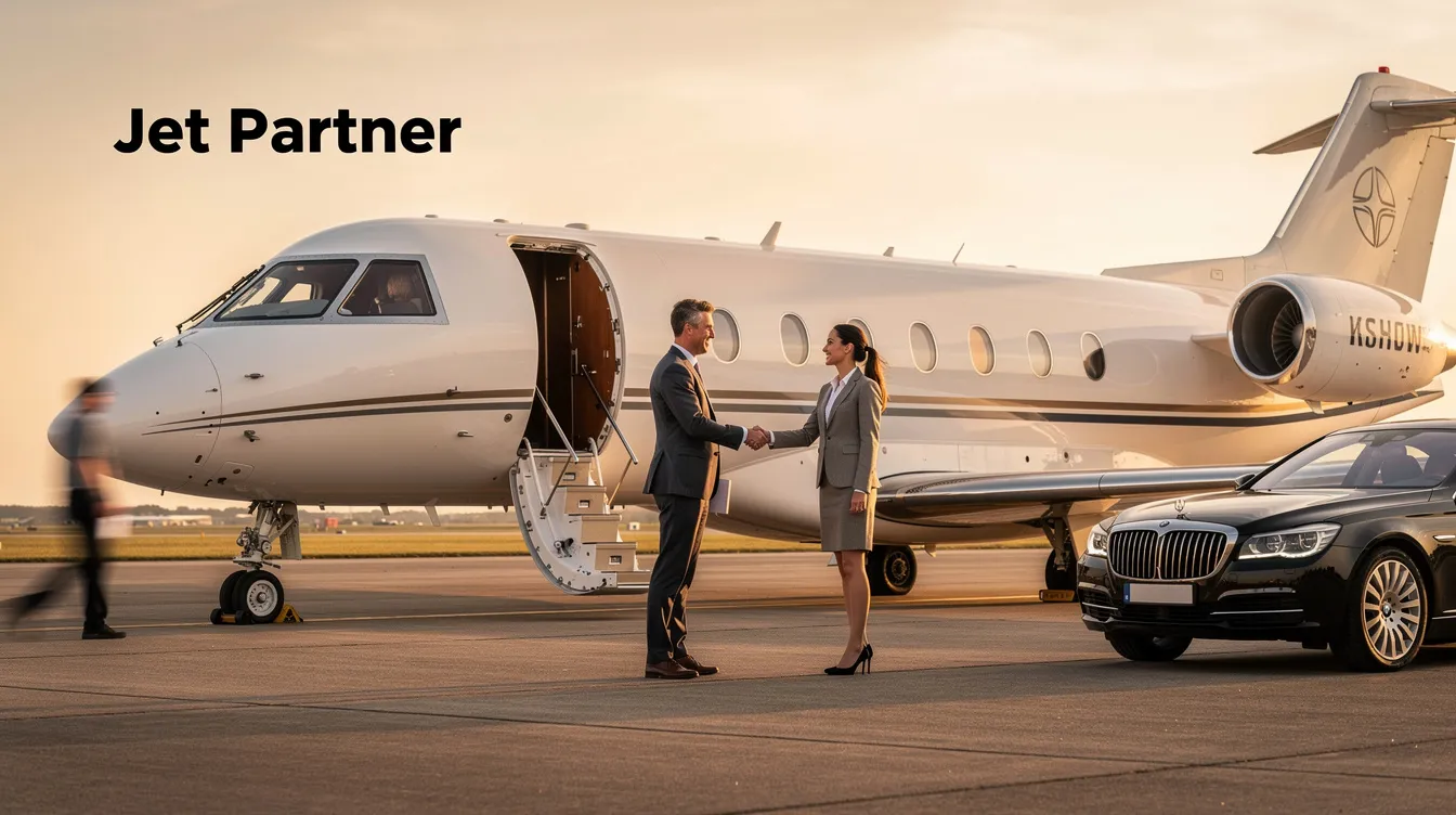 The image depicts a sleek private jet, representing the world of private aviation, where travelers can enjoy a hassle-free journey with a meticulous approach to aircraft management. This jet partner offers access to a worldwide fleet of various aircraft types, ensuring that private individuals and executive teams can elevate their next trip with great care and safety.