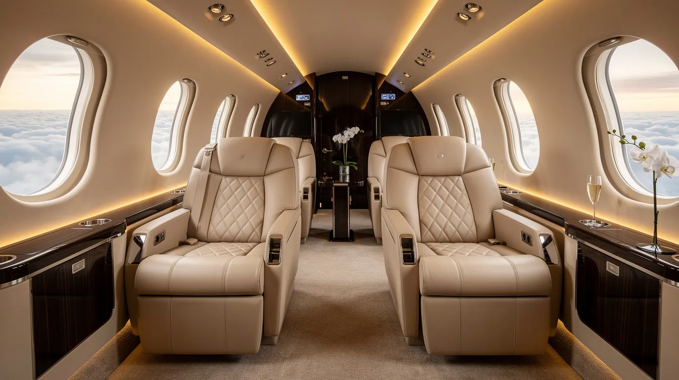 The image depicts a luxurious private jet cabin featuring cream leather seats, ambient lighting, and a spacious layout designed for comfort and elegance. This sophisticated interior reflects the meticulous approach of private aviation, providing an inviting atmosphere for travelers on their next trip.