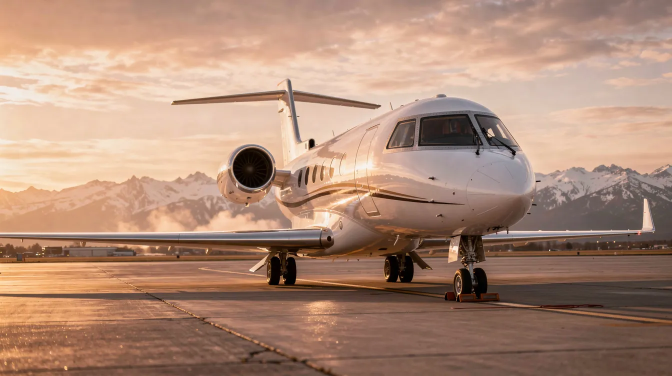 A private jet is parked on the tarmac at sunset, with a stunning mountain range silhouetted in the background. This scene captures the essence of private aviation, showcasing the luxury and convenience of flying without hassle for discerning travelers.