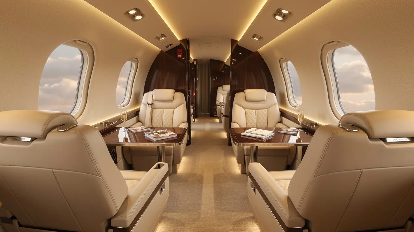 The image depicts the luxurious interior of a private jet cabin, featuring cream leather seats and warm lighting that creates an inviting atmosphere. This elegant space exemplifies the comfort and sophistication expected from private jet travel, ideal for both domestic and international flights from Houston.