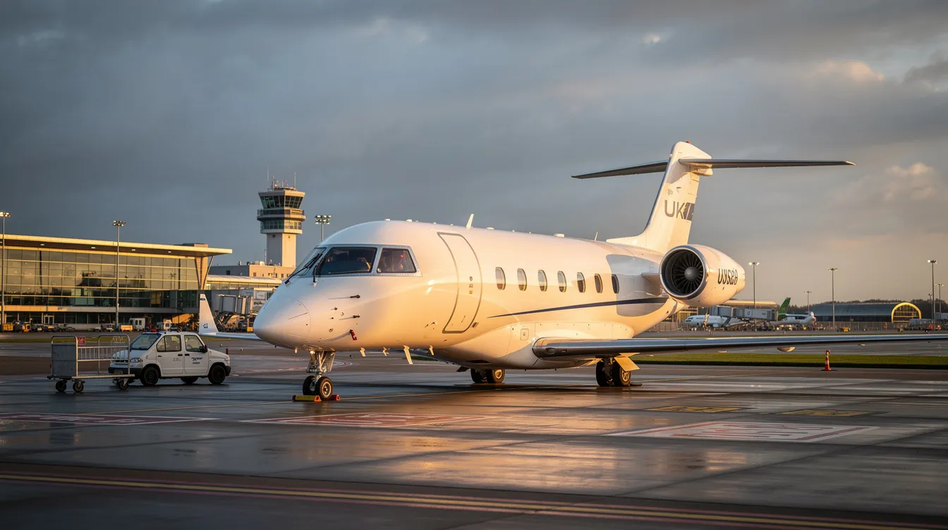 A sleek private jet is parked at Manchester Airport, ready for charter flights to various destinations. The aircraft features luxurious seating and superior service amenities, ensuring a comfortable experience for passengers on their next trip.