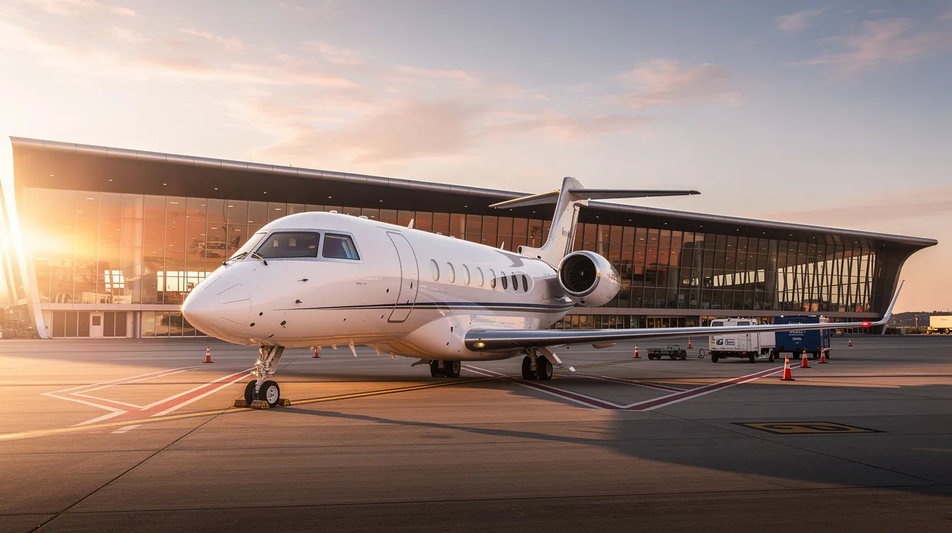 A sleek private jet is parked on the tarmac during golden hour, casting a warm glow on its polished surface, with a modern terminal building in the background at Manchester Airport. This scene captures the essence of luxury travel, showcasing the private jet charter experience.