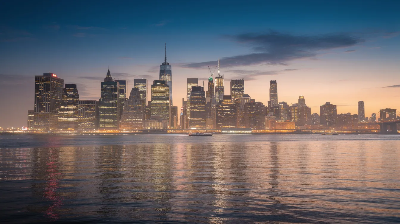 The image depicts the stunning Manhattan skyline at dusk, with the Hudson River shimmering in the foreground. The city lights are beginning to twinkle, creating a vibrant atmosphere that showcases the beauty of New York, a popular destination for private jet charter flights from Manchester Airport.