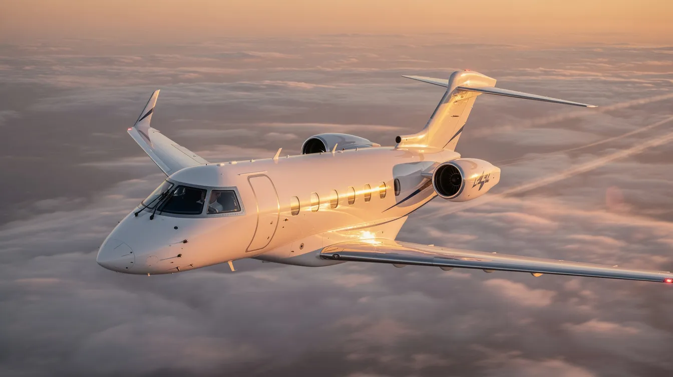 The image showcases a sleek luxury private jet, designed for eco-friendly aviation, soaring through the clear blue skies. Inside, the spacious cabin offers comfort and entertainment for private jet travelers, emphasizing the convenience and performance of modern business aviation.