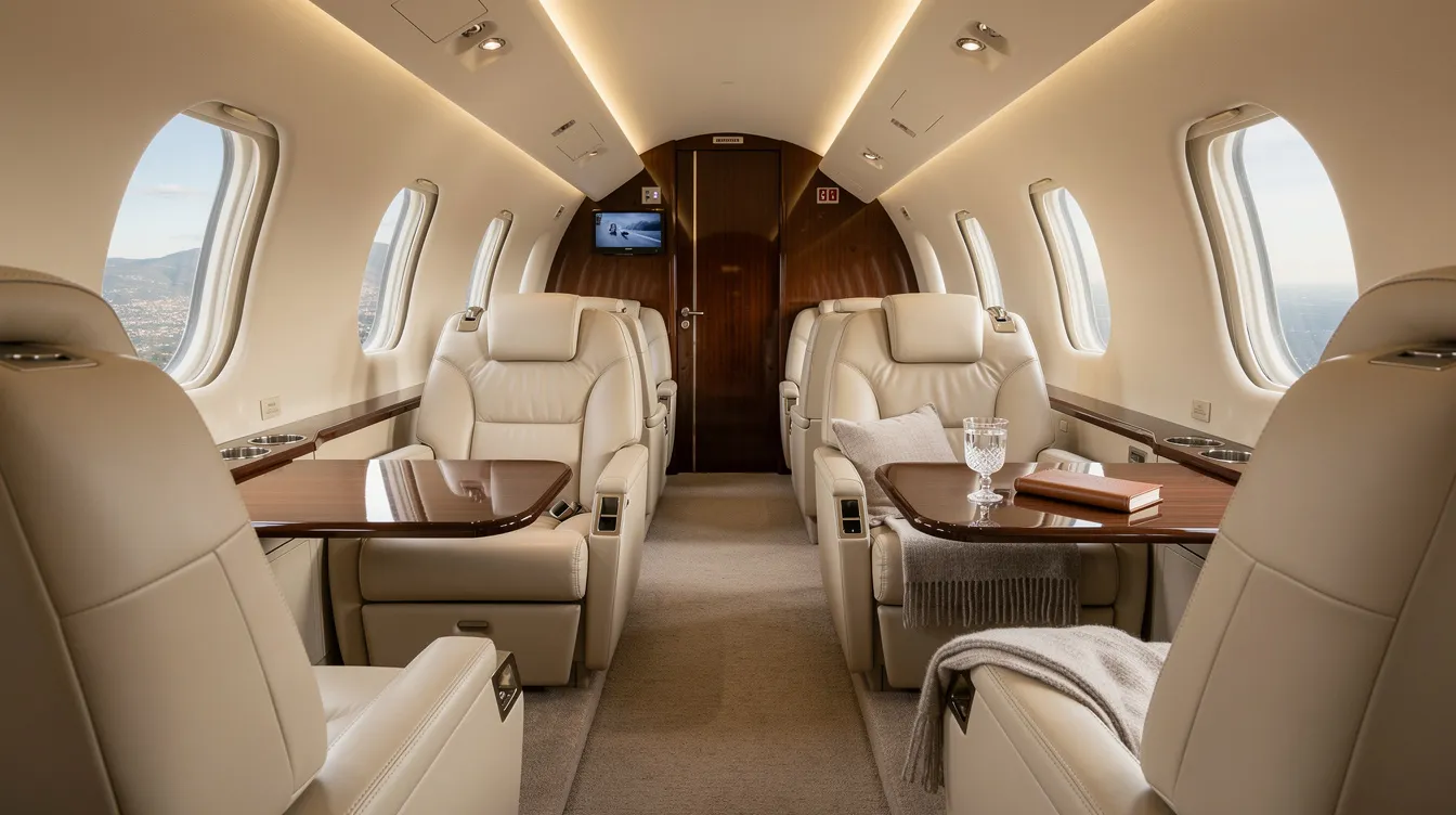 The image shows the interior of a spacious private jet cabin, featuring luxurious leather seats designed for maximum comfort, ideal for private jet travelers seeking a premium flying experience. The elegant design reflects the industry standards of business aviation, providing an environmentally friendly option for those who prioritize sustainability in their travels.