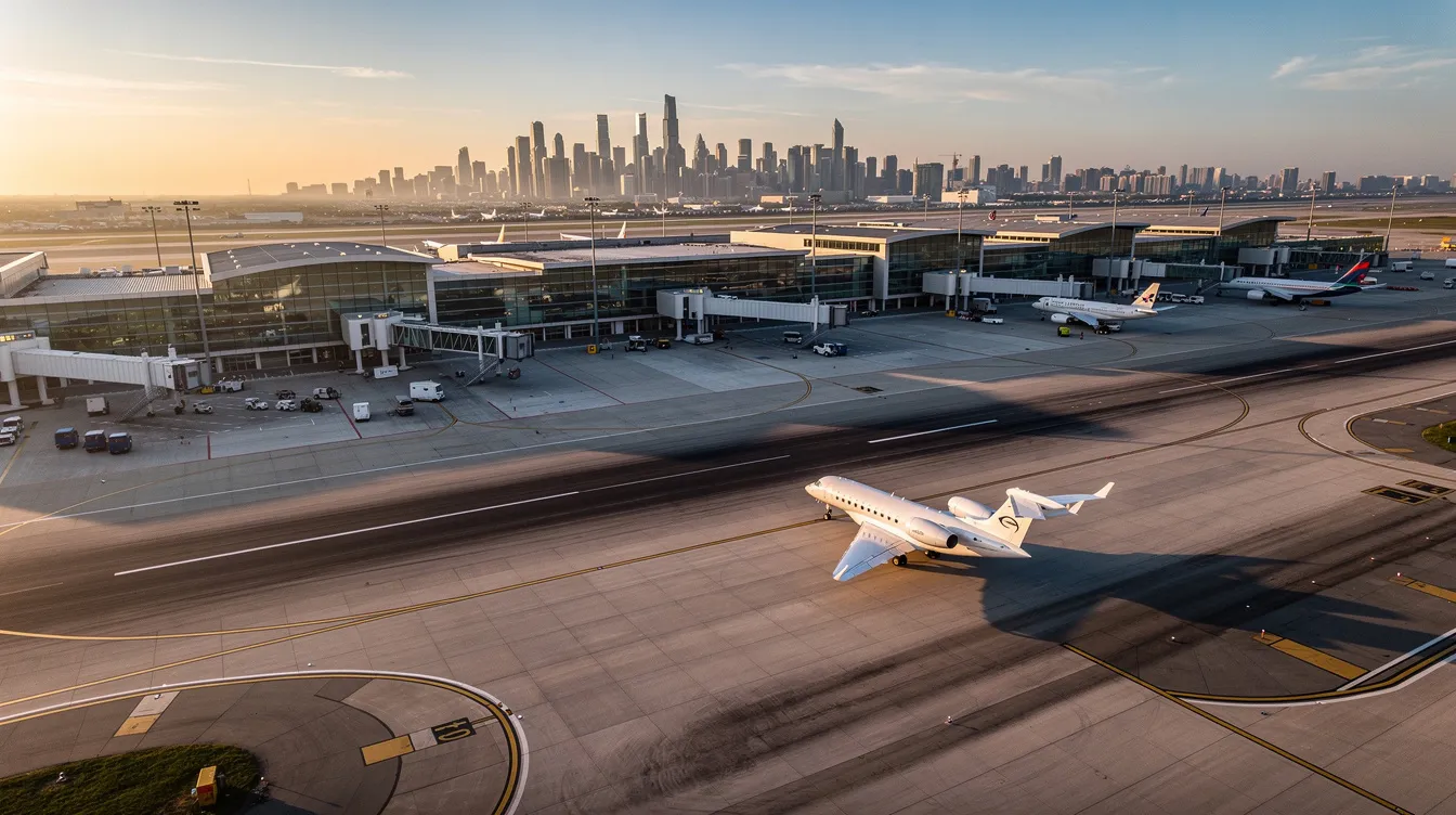 An aerial view of an airport shows a private jet taxiing on the runway, with a bustling city skyline visible in the distance. This scene highlights the luxury of private air travel and the accessibility of private jet charters for travelers seeking efficient and personalized service.