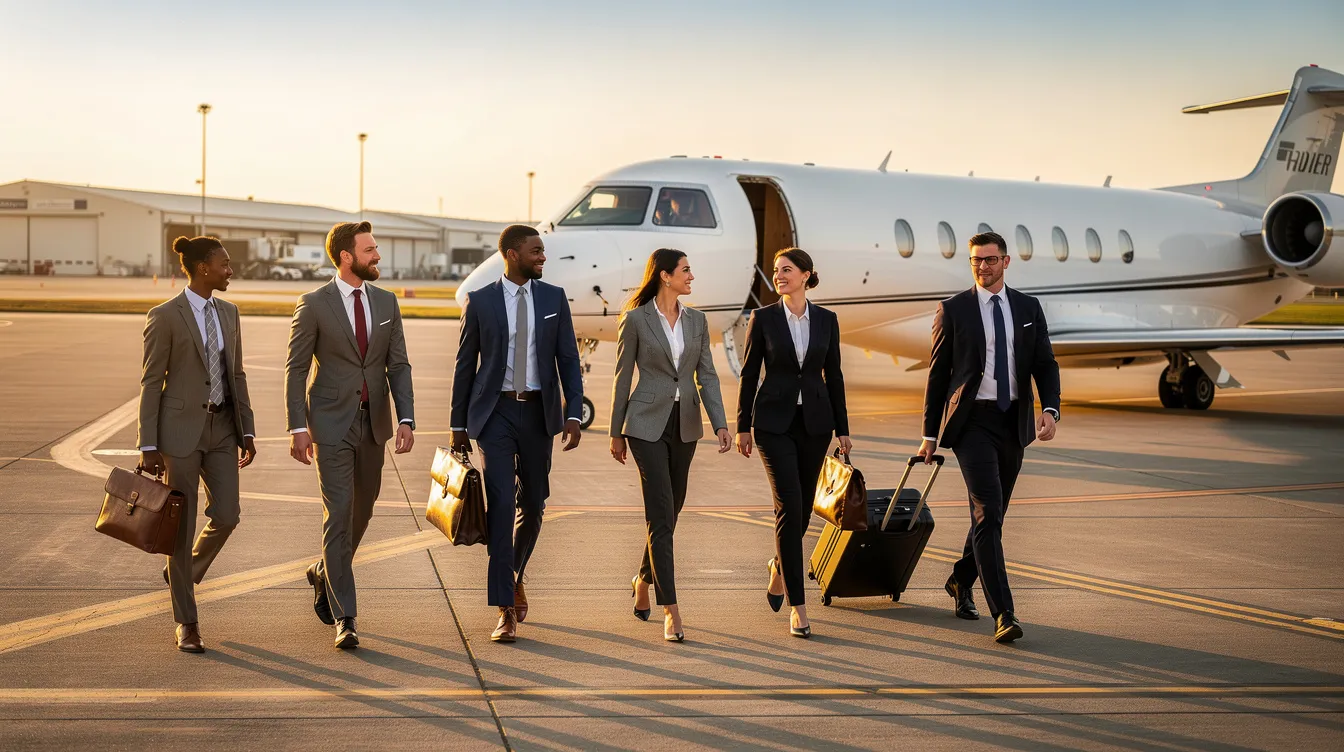 A group of business travelers dressed in smart attire is walking towards a private jet on an airfield, ready for their private flight. The scene captures the essence of corporate travel and private aviation, highlighting the luxury and efficiency of private jet charters.