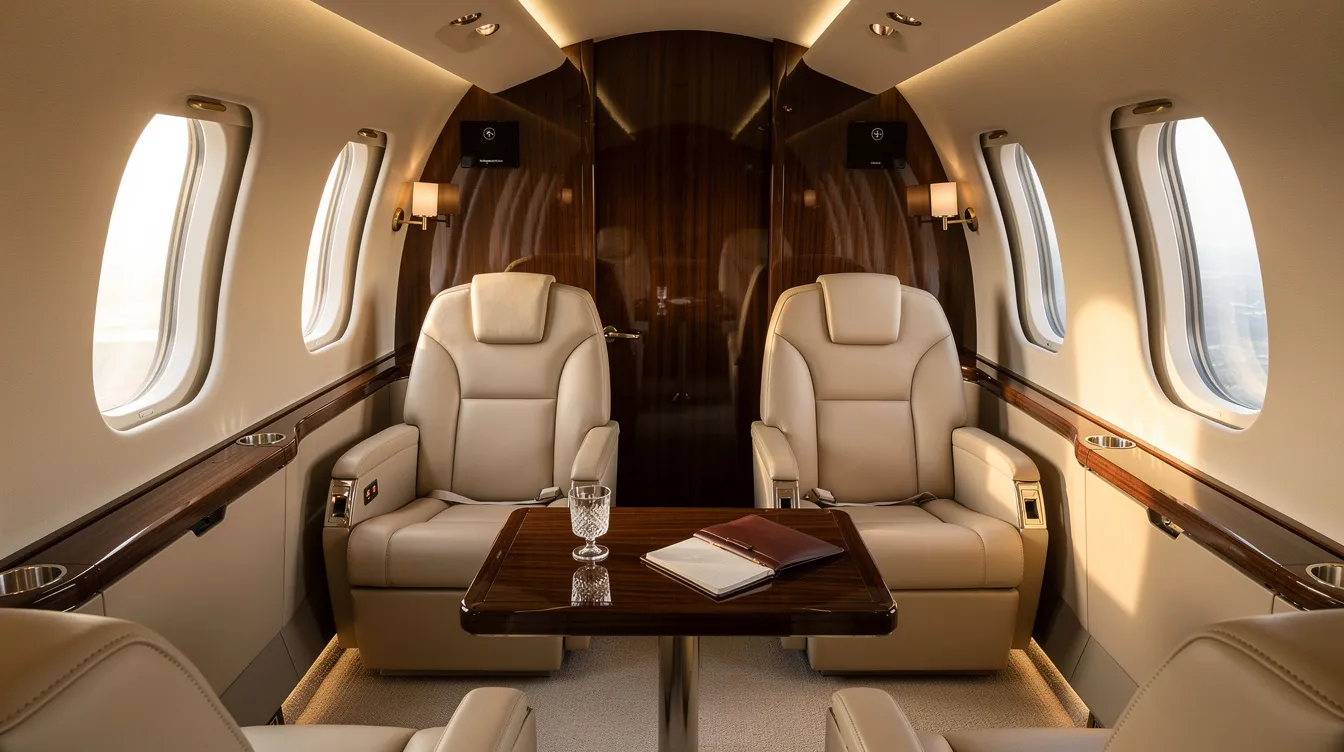 The image depicts the interior of a luxurious private jet cabin, featuring cream leather seats and elegant wood paneling, designed for comfort and style for private jet travelers. This sophisticated space exemplifies the high standards of private aviation and is perfect for business and leisure travel alike.