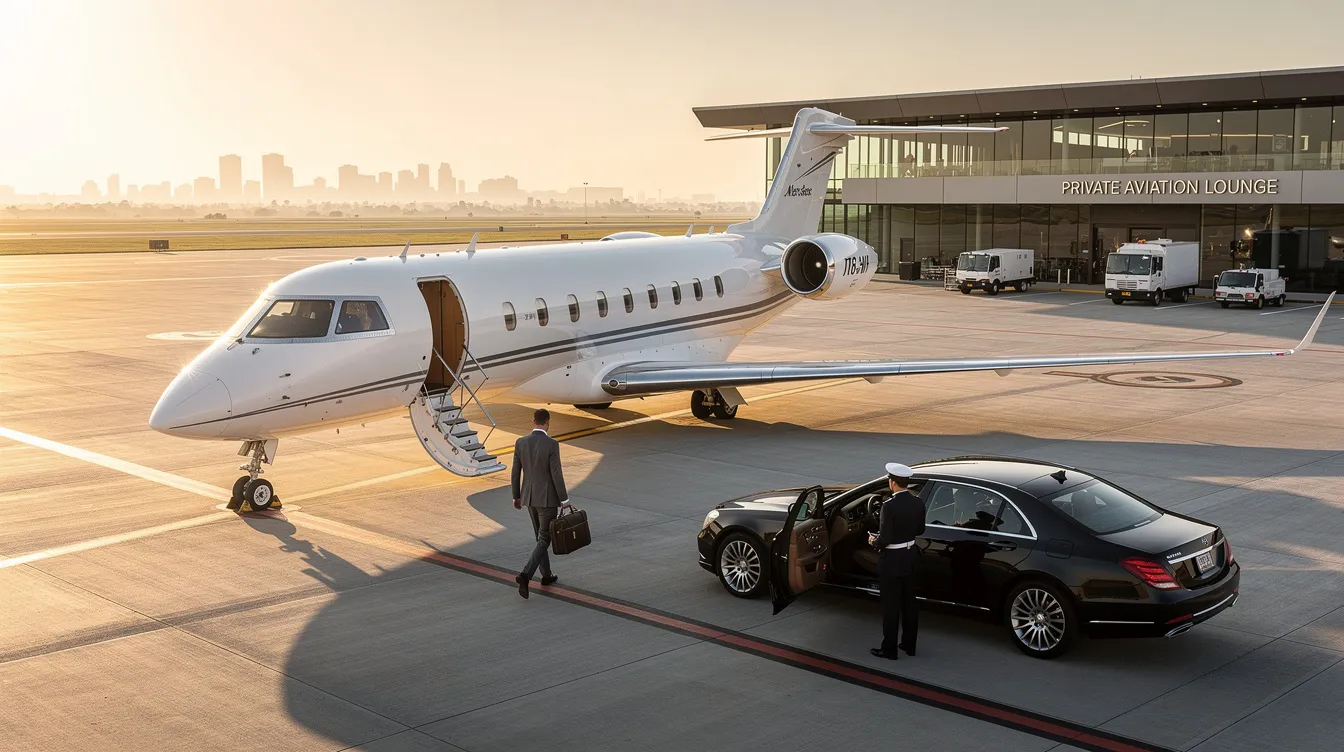 The image depicts a sleek private jet parked at Athens International Airport, ready for passengers to embark on luxurious private jet flights to popular destinations like Mykonos and the Greek islands. The scene captures the essence of private aviation, showcasing the convenience and elegance of chartering a private jet for an unforgettable experience in Greece.