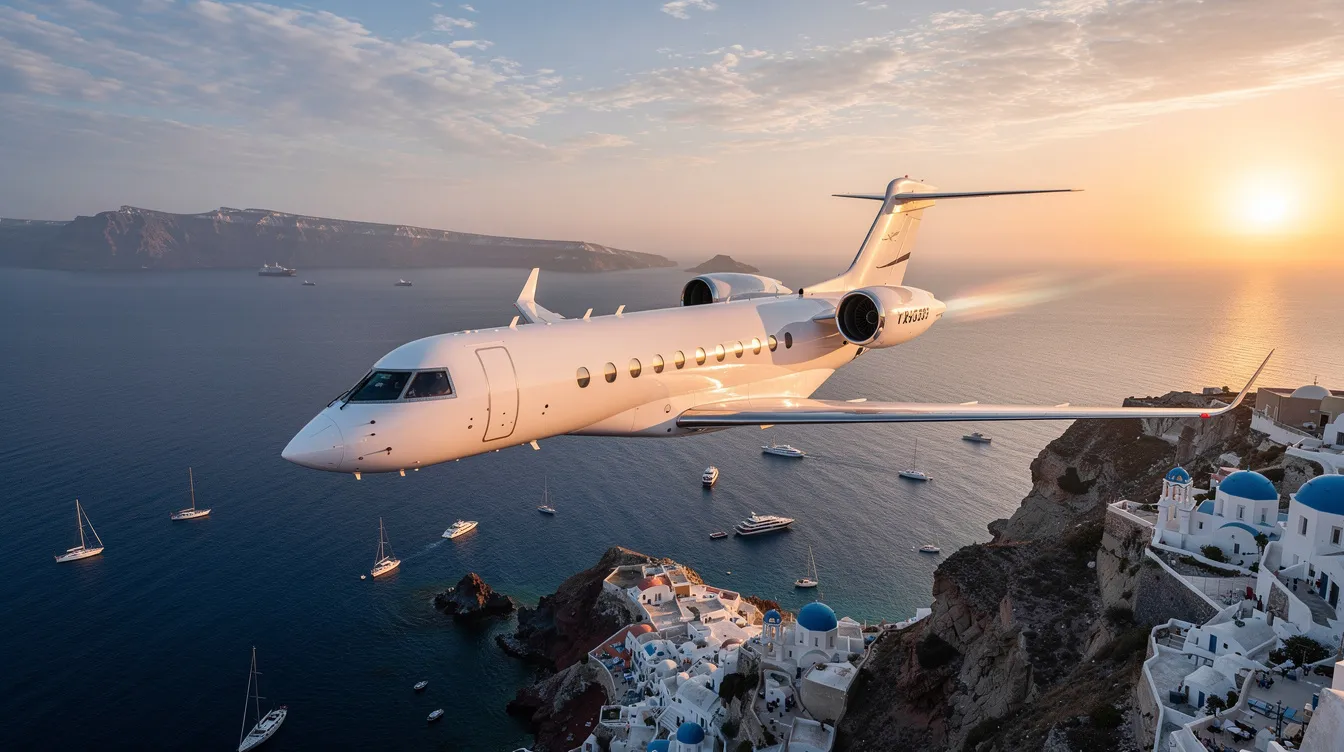 A luxurious private jet is preparing for takeoff at Athens International Airport, ready to embark on a flight to the stunning Greek islands. This private jet charter offers easy access to popular destinations like Mykonos and Crete, allowing passengers to experience Greece's rich history and vibrant culture.