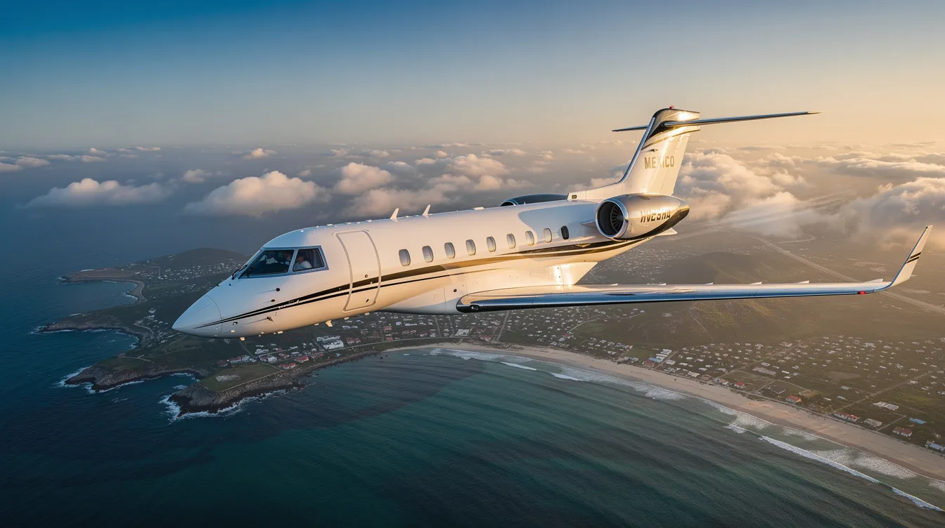The image depicts a luxurious private jet ready for takeoff, symbolizing the convenience and unparalleled service of private jet travel to Mexico. In the background, the vibrant landscape of Mexico City can be seen, highlighting the destination for leisure travelers seeking a personalized and comfortable journey.