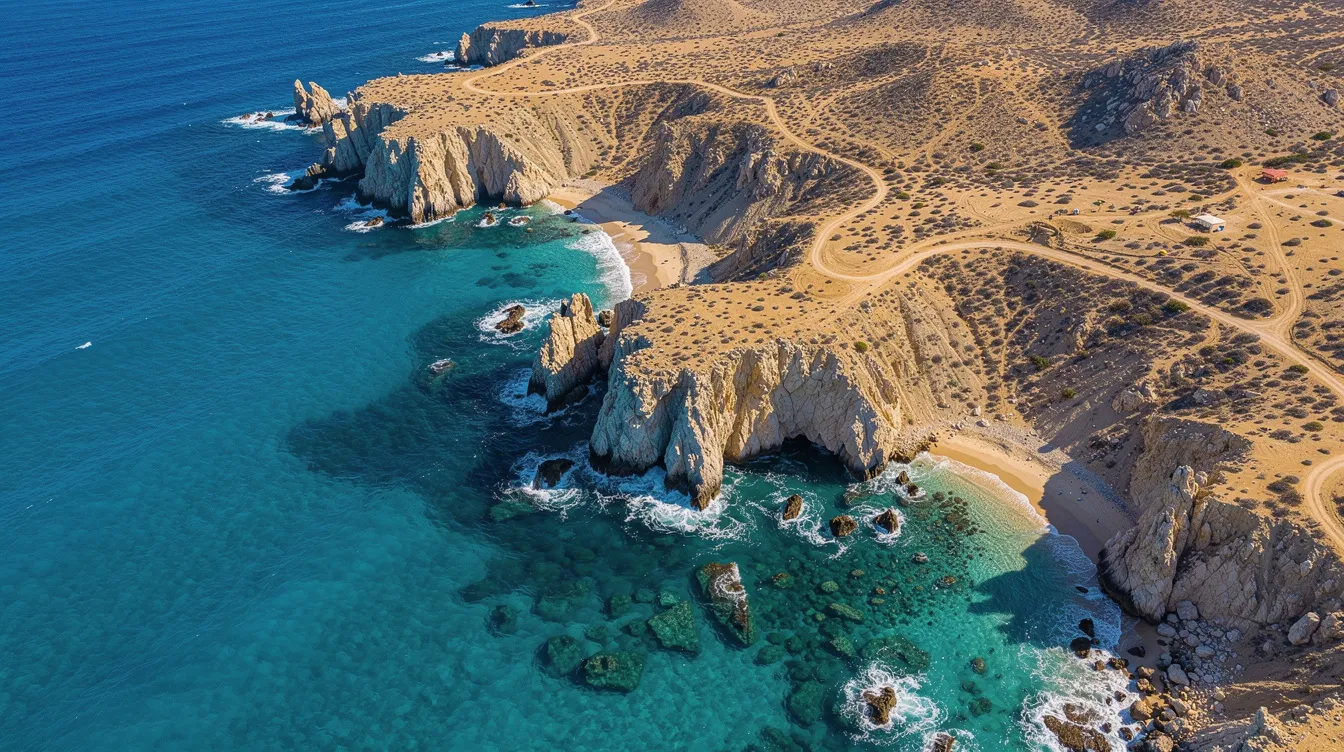 An aerial view captures the stunning turquoise waters meeting the desert coastline of Los Cabos, Mexico, showcasing the natural beauty of this popular destination for private jet travelers. The image reflects a serene landscape where the vibrant sea contrasts with the arid land, inviting leisure travelers to explore this unique region.