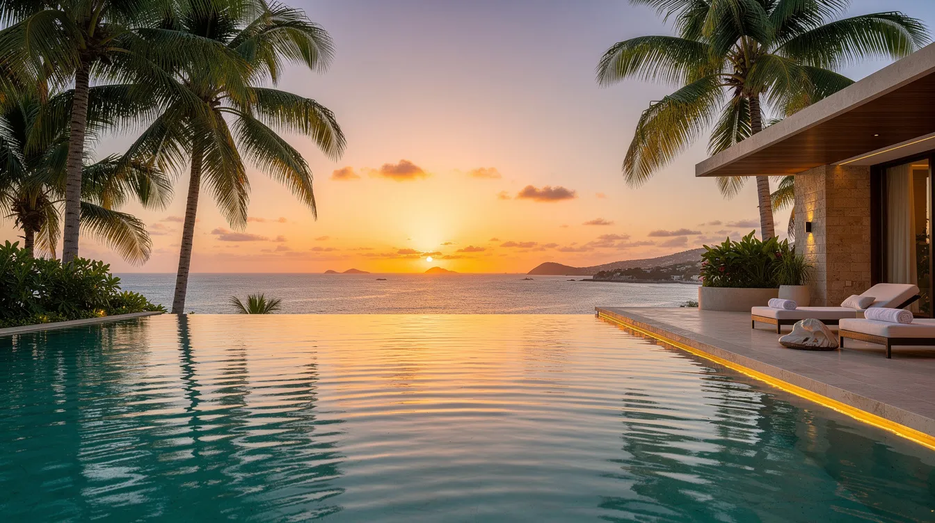 The image features a luxurious infinity pool at a Mexican resort, with palm trees swaying gently in the breeze and a breathtaking view of the ocean in the background. This serene setting is perfect for leisure travelers seeking relaxation and unparalleled service in a tropical paradise.