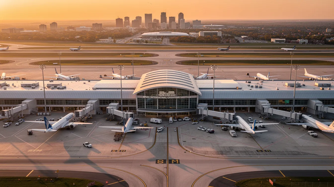 The image depicts Nashville International Airport, showcasing its modern terminal with multiple gates and bustling travelers. The airport, known for its nonstop flights to various international destinations, features amenities like free Wi-Fi and restaurants, making it a convenient hub for passengers visiting Music City and beyond.