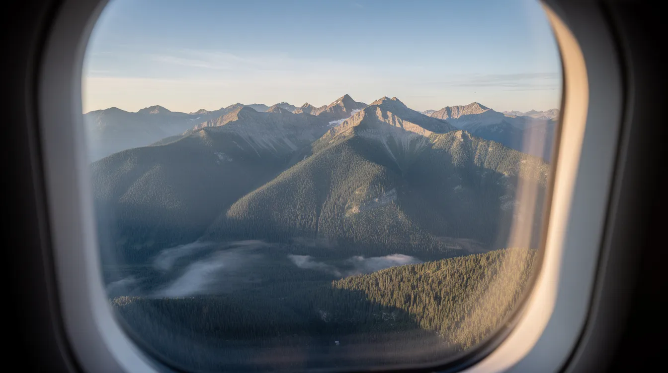 The image captures a breathtaking mountain landscape featuring forested peaks, viewed from above through an aircraft window. This scenic vista showcases the natural beauty of East Tennessee, perfect for travelers arriving at airports like McGhee Tyson Airport or Nashville International Airport.