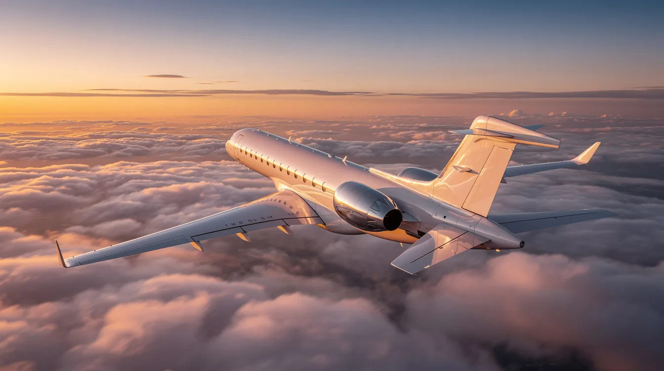A sleek long-range business jet glides gracefully above a sea of clouds, illuminated by the warm hues of a sunset. The aircraft, designed for high-speed flight, showcases its elegant design against the colorful sky, embodying the raw power and performance of modern aviation.